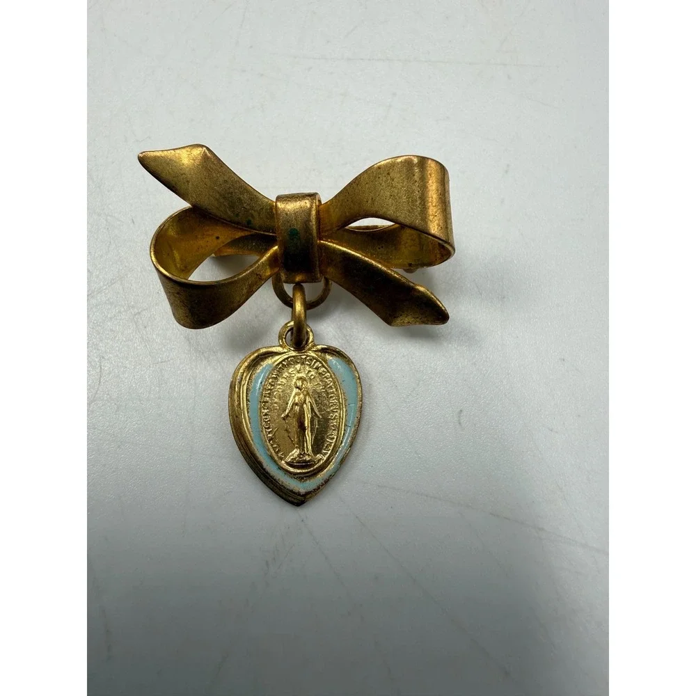 Vtg Gold Tone Bow Brooch Blue Enamel Miraculous Medal Heart Charm Pin Religious